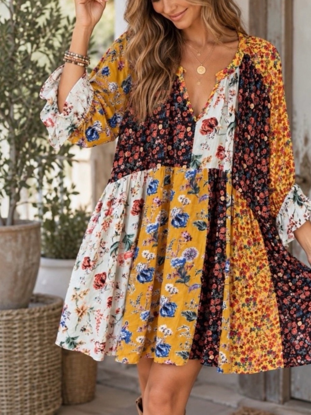 Umgee Yellow Multi Patchwork Floral Mini Dress